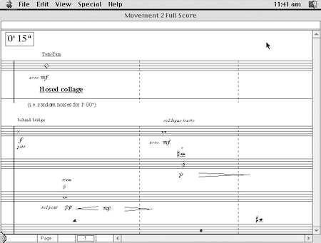 Black-and-white screenshot of an early Macintosh notation program showing a page of score labelled ‘Movement 2 Full Score’, with sparse textures and timing marks.